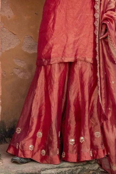Vinita Bhansali Red Tissue Sequins, Embroidery Round Neck Dori Marodi Gharara Set Online at Aza Fashions Vinita Bhansali_Red Tissue Sequins, Embroidery Round Neck Dori Marodi Gharara Set _Online_at_Aza_Fashions