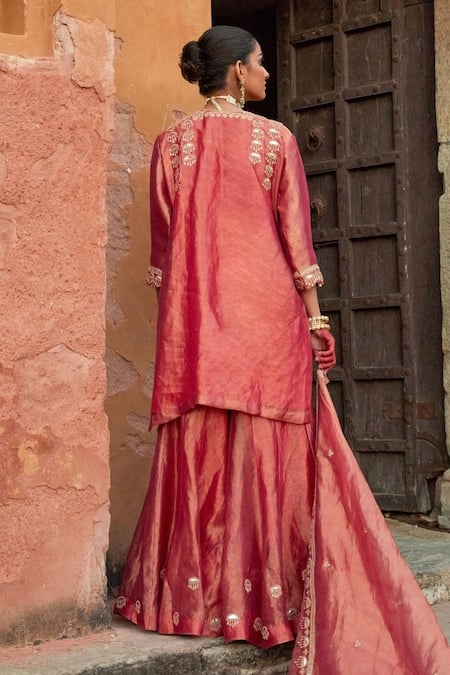 Shop Vinita Bhansali Red Tissue Sequins, Embroidery Round Neck Dori Marodi Gharara Set at Aza Fashions Shop_Vinita Bhansali_Red Tissue Sequins, Embroidery Round Neck Dori Marodi Gharara Set _at_Aza_Fashions