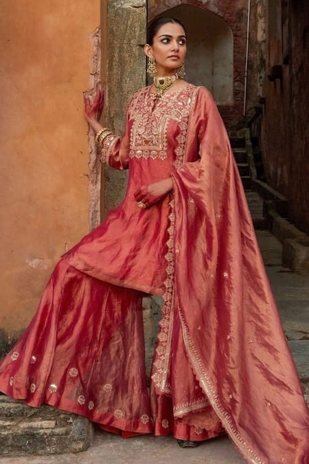 Buy Vinita Bhansali Red Tissue Sequins, Embroidery Round Neck Dori Marodi Gharara Set Online at Aza Fashions Buy_Vinita Bhansali_Red Tissue Sequins, Embroidery Round Neck Dori Marodi Gharara Set _Online_at_Aza_Fashions