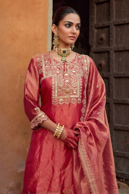 Shop Vinita Bhansali Red Tissue Sequins, Embroidery Round Neck Dori Marodi Gharara Set Online at Aza Fashions Shop_Vinita Bhansali_Red Tissue Sequins, Embroidery Round Neck Dori Marodi Gharara Set _Online_at_Aza_Fashions