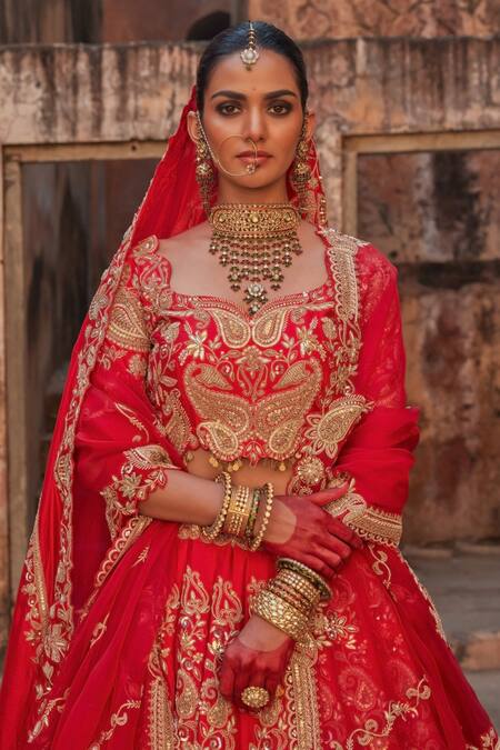 Vinita Bhansali_Red Silk Embroidery Round Neck Maharani Lehenga Set _Online_at_Aza_Fashions