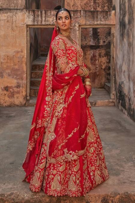 Shop_Vinita Bhansali_Red Silk Embroidery Round Neck Maharani Lehenga Set _Online_at_Aza_Fashions