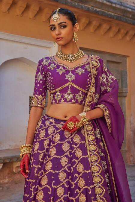 Vinita Bhansali Purple , Organza Sequins, Zari Round Neck Elegant Banarasi Lehenga Set Online at Aza Fashions Vinita Bhansali_Purple , Organza Sequins, Zari Round Neck Elegant Banarasi Lehenga Set_Online_at_Aza_Fashions
