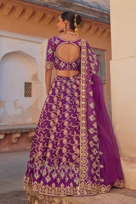 Shop Vinita Bhansali Purple , Organza Sequins, Zari Round Neck Elegant Banarasi Lehenga Set at Aza Fashions Shop_Vinita Bhansali_Purple , Organza Sequins, Zari Round Neck Elegant Banarasi Lehenga Set_at_Aza_Fashions