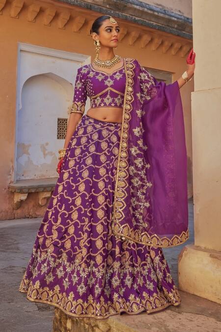 Buy Vinita Bhansali Purple , Organza Sequins, Zari Round Neck Elegant Banarasi Lehenga Set Online at Aza Fashions Buy_Vinita Bhansali_Purple , Organza Sequins, Zari Round Neck Elegant Banarasi Lehenga Set_Online_at_Aza_Fashions