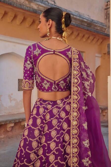 Shop Vinita Bhansali Purple , Organza Sequins, Zari Round Neck Elegant Banarasi Lehenga Set Online at Aza Fashions Shop_Vinita Bhansali_Purple , Organza Sequins, Zari Round Neck Elegant Banarasi Lehenga Set_Online_at_Aza_Fashions