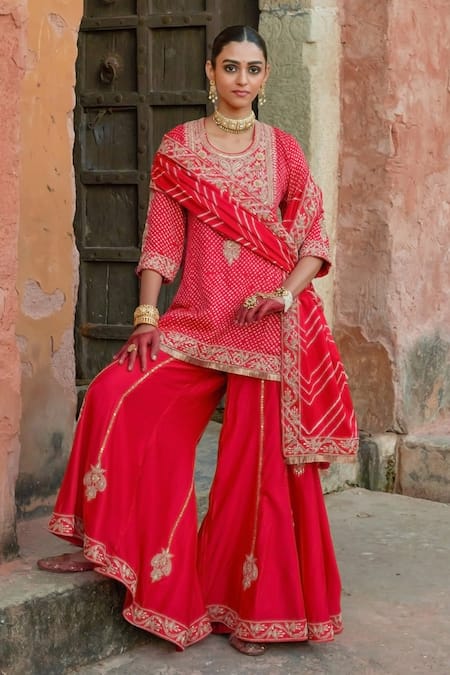 Vinita Bhansali Red Silk Sequins Round Neck Bandhani Embroidered Gharara Set Online at Aza Fashions Vinita Bhansali_Red Silk Sequins Round Neck Bandhani Embroidered Gharara Set _Online_at_Aza_Fashions