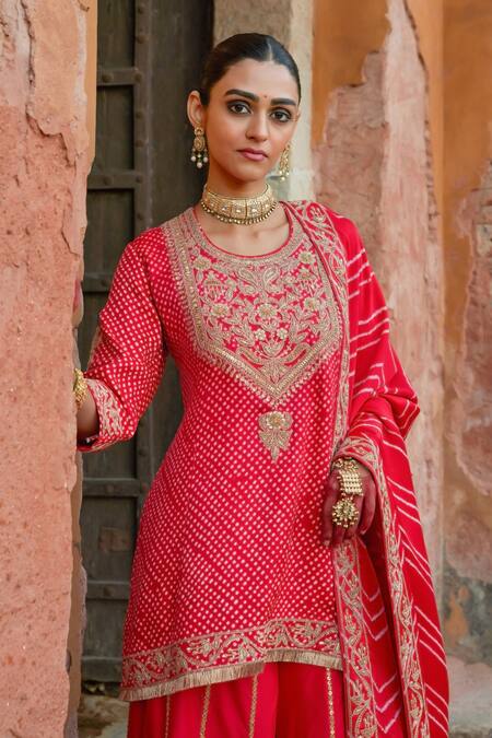 Buy Vinita Bhansali Red Silk Sequins Round Neck Bandhani Embroidered Gharara Set Online at Aza Fashions Buy_Vinita Bhansali_Red Silk Sequins Round Neck Bandhani Embroidered Gharara Set _Online_at_Aza_Fashions