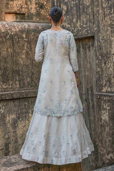 Shop Vinita Bhansali Silver Tissue, Satin Sequins, Mirrors Keyhole Neck Aarna Fusion Set at Aza Fashions Shop_Vinita Bhansali_Silver Tissue, Satin Sequins, Mirrors Keyhole Neck Aarna Fusion Set _at_Aza_Fashions