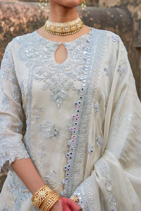 Vinita Bhansali Silver Tissue, Satin Sequins, Mirrors Keyhole Neck Aarna Fusion Set at Aza Fashions Vinita Bhansali_Silver Tissue, Satin Sequins, Mirrors Keyhole Neck Aarna Fusion Set _at_Aza_Fashions