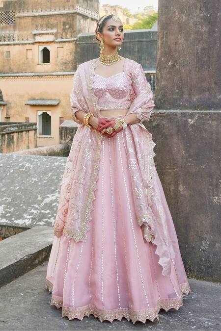 Shop Vinita Bhansali Pink Silk, Chiffon, Georgette Sequins, Beads, Blush Lekha Lehenga Set Online at Aza Fashions Shop_Vinita Bhansali_Pink Silk, Chiffon, Georgette Sequins, Beads, Blush Lekha Lehenga Set _Online_at_Aza_Fashions