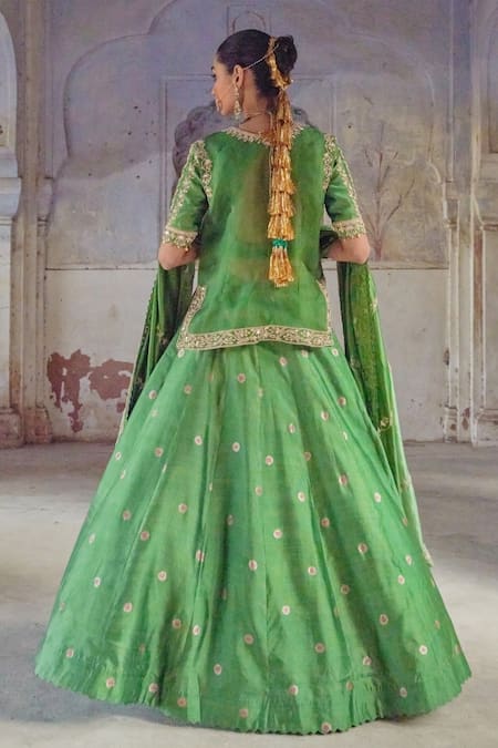 Shop Vinita Bhansali Green Silk Sequins, Zari Round Neck Bhavna Rajputi Lehenga Set at Aza Fashions Shop_Vinita Bhansali_Green Silk Sequins, Zari Round Neck Bhavna Rajputi Lehenga Set _at_Aza_Fashions