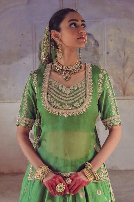 Vinita Bhansali Green Silk Sequins, Zari Round Neck Bhavna Rajputi Lehenga Set Online at Aza Fashions Vinita Bhansali_Green Silk Sequins, Zari Round Neck Bhavna Rajputi Lehenga Set _Online_at_Aza_Fashions