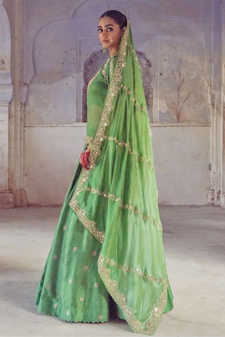 Shop Vinita Bhansali Green Silk Sequins, Zari Round Neck Bhavna Rajputi Lehenga Set Online at Aza Fashions Shop_Vinita Bhansali_Green Silk Sequins, Zari Round Neck Bhavna Rajputi Lehenga Set _Online_at_Aza_Fashions