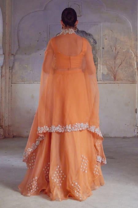 Shop Vinita Bhansali Orange , Organza Sequins, Zari Square Neck Cape Lehenga Set at Aza Fashions Shop_Vinita Bhansali_Orange , Organza Sequins, Zari Square Neck Cape Lehenga Set _at_Aza_Fashions