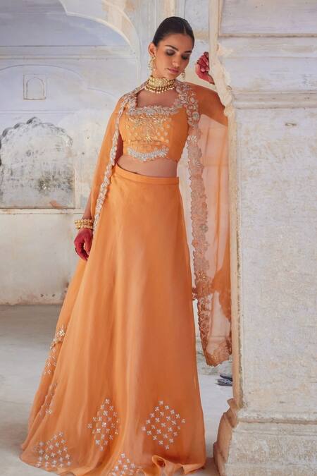Vinita Bhansali Orange , Organza Sequins, Zari Square Neck Cape Lehenga Set Online at Aza Fashions Vinita Bhansali_Orange , Organza Sequins, Zari Square Neck Cape Lehenga Set _Online_at_Aza_Fashions