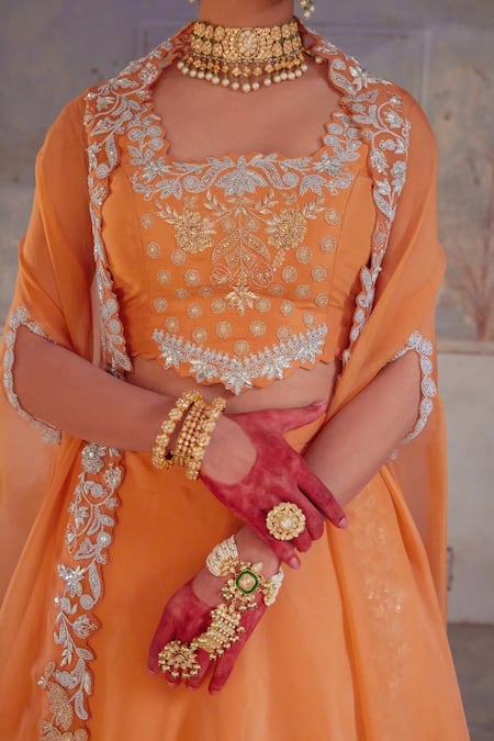 Vinita Bhansali Orange , Organza Sequins, Zari Square Neck Cape Lehenga Set at Aza Fashions Vinita Bhansali_Orange , Organza Sequins, Zari Square Neck Cape Lehenga Set _at_Aza_Fashions