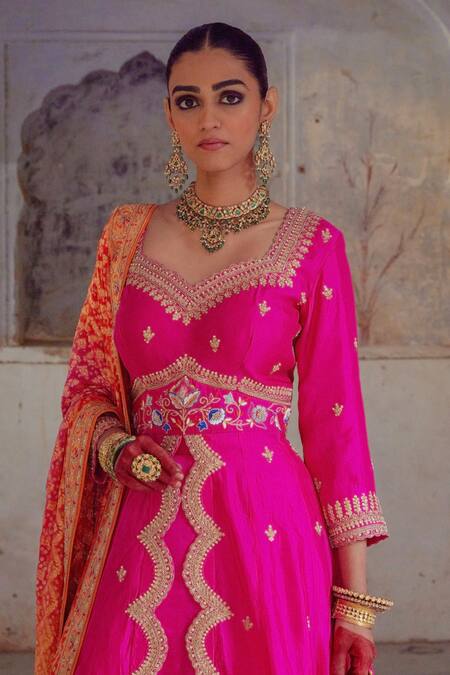 Vinita Bhansali Pink Georgette, Chiffon, Silk Embroidery Sweetheart Kashish Lehenga Jacket Set Online at Aza Fashions Vinita Bhansali_Pink Georgette, Chiffon, Silk Embroidery Sweetheart Kashish Lehenga Jacket Set_Online_at_Aza_Fashions