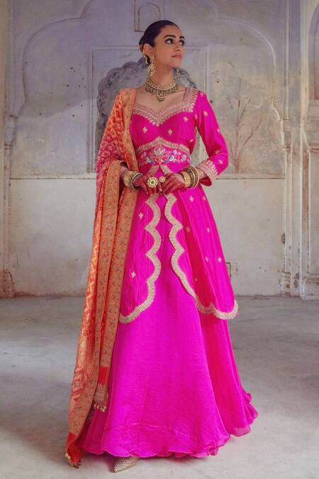 Shop Vinita Bhansali Pink Georgette, Chiffon, Silk Embroidery Sweetheart Kashish Lehenga Jacket Set Online at Aza Fashions Shop_Vinita Bhansali_Pink Georgette, Chiffon, Silk Embroidery Sweetheart Kashish Lehenga Jacket Set_Online_at_Aza_Fashions