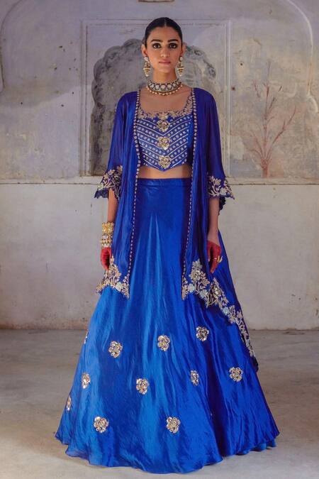 Vinita Bhansali Blue Silk Sequins, Embroidery, Zari Round , Open Neela Phool Jacket Set Online at Aza Fashions Vinita Bhansali_Blue Silk Sequins, Embroidery, Zari Round , Open Neela Phool Jacket Set _Online_at_Aza_Fashions