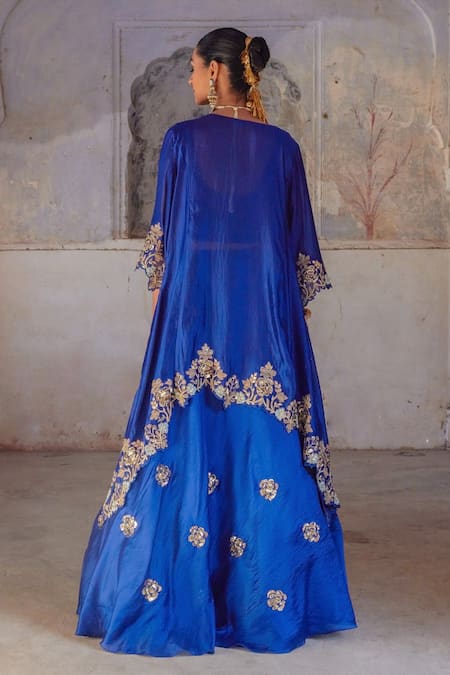 Shop Vinita Bhansali Blue Silk Sequins, Embroidery, Zari Round , Open Neela Phool Jacket Set at Aza Fashions Shop_Vinita Bhansali_Blue Silk Sequins, Embroidery, Zari Round , Open Neela Phool Jacket Set _at_Aza_Fashions