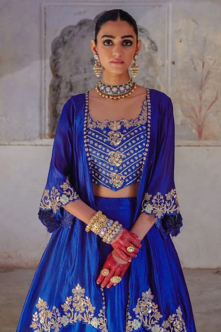 Buy Vinita Bhansali Blue Silk Sequins, Embroidery, Zari Round , Open Neela Phool Jacket Set Online at Aza Fashions Buy_Vinita Bhansali_Blue Silk Sequins, Embroidery, Zari Round , Open Neela Phool Jacket Set _Online_at_Aza_Fashions