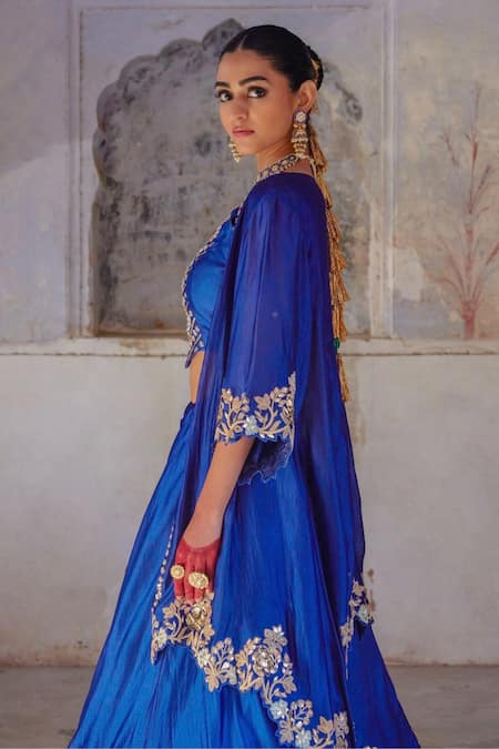 Shop Vinita Bhansali Blue Silk Sequins, Embroidery, Zari Round , Open Neela Phool Jacket Set Online at Aza Fashions Shop_Vinita Bhansali_Blue Silk Sequins, Embroidery, Zari Round , Open Neela Phool Jacket Set _Online_at_Aza_Fashions