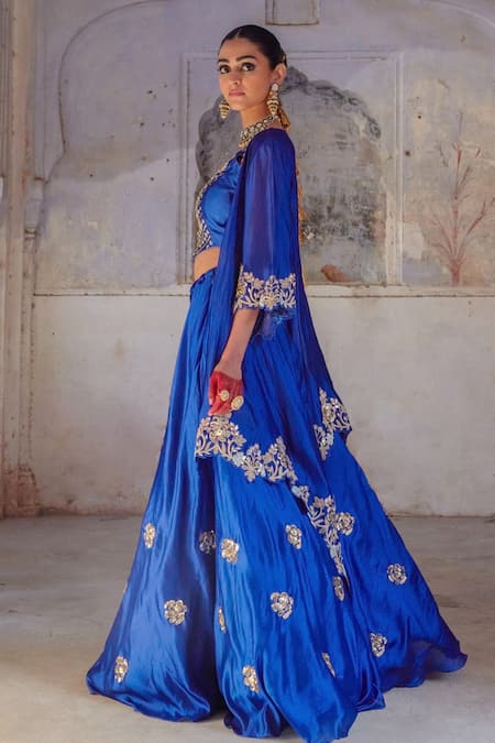 Vinita Bhansali Blue Silk Sequins, Embroidery, Zari Round , Open Neela Phool Jacket Set at Aza Fashions Vinita Bhansali_Blue Silk Sequins, Embroidery, Zari Round , Open Neela Phool Jacket Set _at_Aza_Fashions