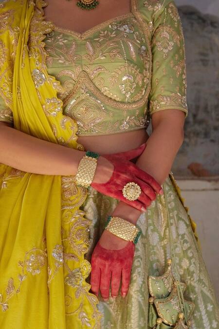 Vinita Bhansali Green Brocade, Chiffon Embroidery, Sequins Banarasi Lehenga Set With Blouse Online at Aza Fashions Vinita Bhansali_Green Brocade, Chiffon Embroidery, Sequins Banarasi Lehenga Set With Blouse_Online_at_Aza_Fashions