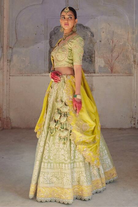 Buy Vinita Bhansali Green Brocade, Chiffon Embroidery, Sequins Banarasi Lehenga Set With Blouse Online at Aza Fashions Buy_Vinita Bhansali_Green Brocade, Chiffon Embroidery, Sequins Banarasi Lehenga Set With Blouse_Online_at_Aza_Fashions