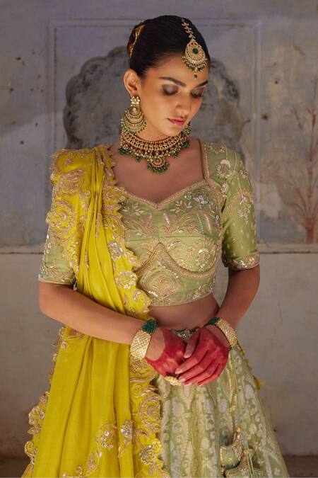Shop Vinita Bhansali Green Brocade, Chiffon Embroidery, Sequins Banarasi Lehenga Set With Blouse Online at Aza Fashions Shop_Vinita Bhansali_Green Brocade, Chiffon Embroidery, Sequins Banarasi Lehenga Set With Blouse_Online_at_Aza_Fashions