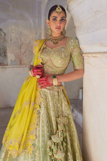 Vinita Bhansali Green Brocade, Chiffon Embroidery, Sequins Banarasi Lehenga Set With Blouse at Aza Fashions Vinita Bhansali_Green Brocade, Chiffon Embroidery, Sequins Banarasi Lehenga Set With Blouse_at_Aza_Fashions