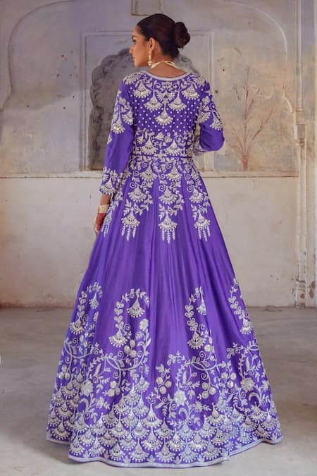 Shop_Vinita Bhansali_Purple Silk Embroidery Sweetheart Neck Falguni Gown Set _at_Aza_Fashions
