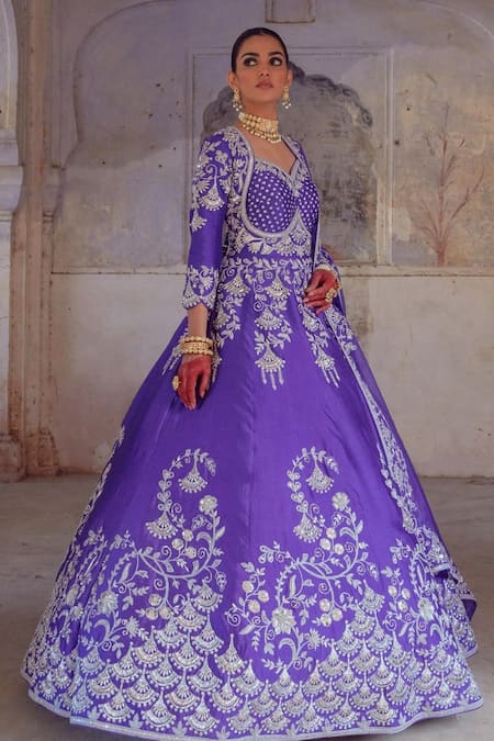 Vinita Bhansali_Purple Silk Embroidery Sweetheart Neck Falguni Gown Set _Online_at_Aza_Fashions