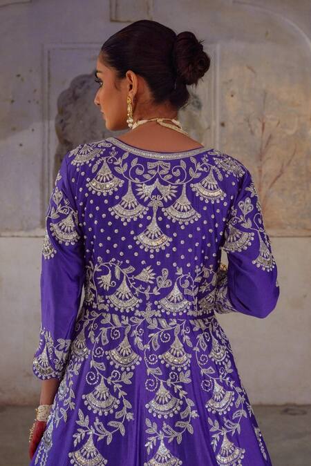 Vinita Bhansali_Purple Silk Embroidery Sweetheart Neck Falguni Gown Set _at_Aza_Fashions