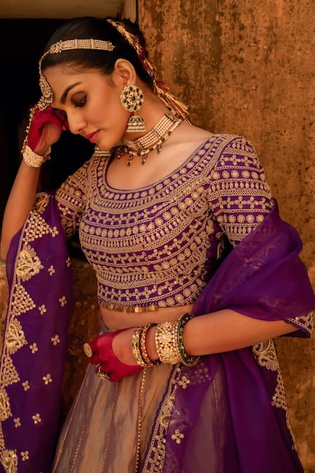 Shop Vinita Bhansali Purple Tissue, , Organza Sequins, Cut Work, Dori Marodi Lehenga Set Online at Aza Fashions Shop_Vinita Bhansali_Purple Tissue, , Organza Sequins, Cut Work, Dori Marodi Lehenga Set _Online_at_Aza_Fashions