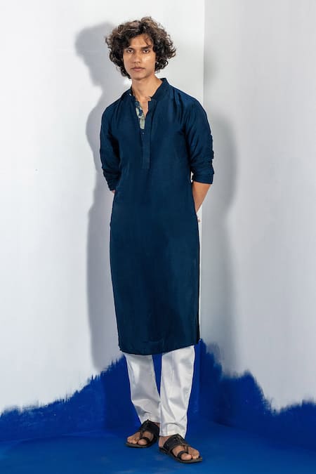 Label Shristi Chetani_Blue Silk, Satin Printed Bundi Kurta Set _Online_at_Aza_Fashions
