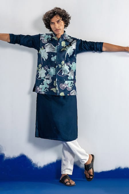 Buy_Label Shristi Chetani_Blue Silk, Satin Printed Bundi Kurta Set _Online_at_Aza_Fashions