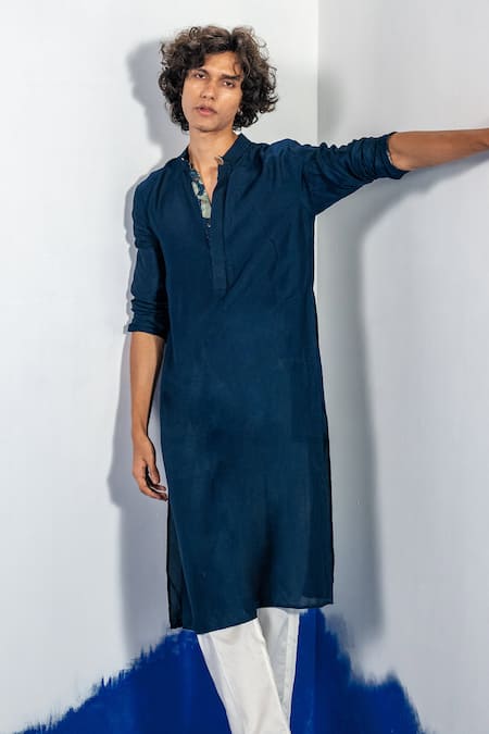 Shop_Label Shristi Chetani_Blue Silk, Satin Printed Bundi Kurta Set _Online_at_Aza_Fashions