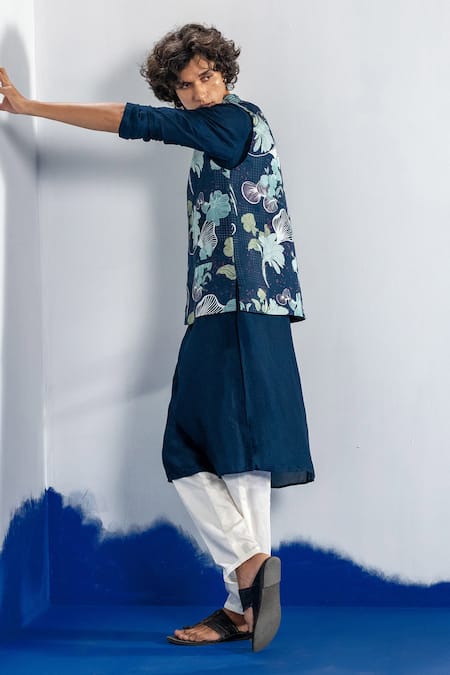 Label Shristi Chetani_Blue Silk, Satin Printed Bundi Kurta Set _at_Aza_Fashions