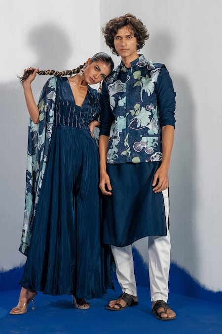 Shop_Label Shristi Chetani_Blue Silk, Satin Printed Bundi Kurta Set 