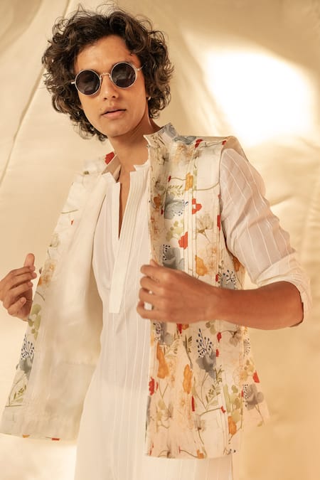 Label Shristi Chetani White Silk, Satin, Bamboo Embroidery Designer Printed Bundi Kurta Set Online at Aza Fashions Label Shristi Chetani_White Silk, Satin, Bamboo Embroidery Designer Printed Bundi Kurta Set_Online_at_Aza_Fashions