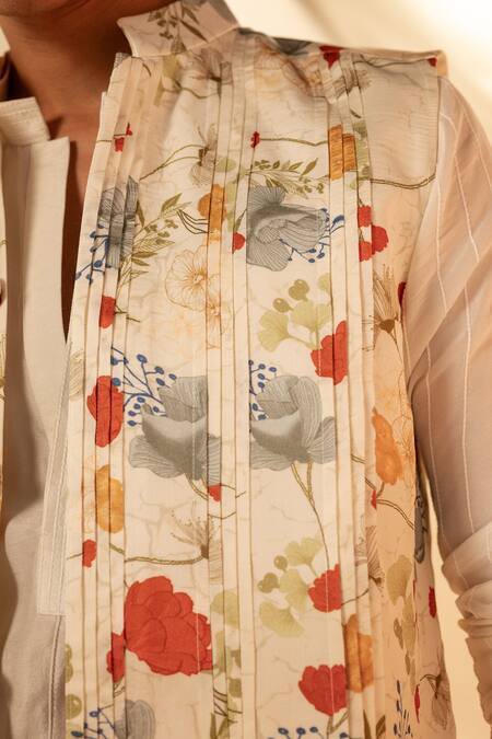 Buy Label Shristi Chetani White Silk, Satin, Bamboo Embroidery Designer Printed Bundi Kurta Set Online at Aza Fashions Buy_Label Shristi Chetani_White Silk, Satin, Bamboo Embroidery Designer Printed Bundi Kurta Set_Online_at_Aza_Fashions