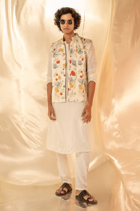 Label Shristi Chetani White Silk, Satin, Bamboo Embroidery Designer Printed Bundi Kurta Set at Aza Fashions Label Shristi Chetani_White Silk, Satin, Bamboo Embroidery Designer Printed Bundi Kurta Set_at_Aza_Fashions