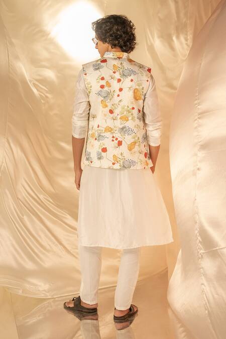 Shop Label Shristi Chetani White Silk, Satin, Bamboo Embroidery Designer Printed Bundi Kurta Set at Aza Fashions Shop_Label Shristi Chetani_White Silk, Satin, Bamboo Embroidery Designer Printed Bundi Kurta Set_at_Aza_Fashions