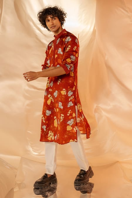 Label Shristi Chetani_Rust Cotton Embroidery Floral Printed Kurta Set_Online_at_Aza_Fashions