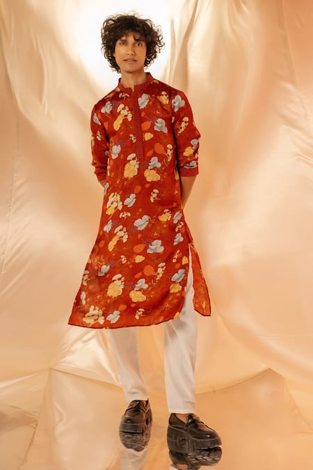 Buy_Label Shristi Chetani_Rust Cotton Embroidery Floral Printed Kurta Set_Online_at_Aza_Fashions