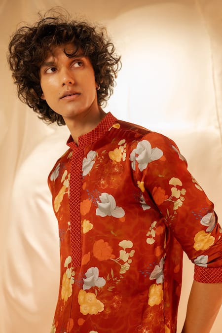 Shop_Label Shristi Chetani_Rust Cotton Embroidery Floral Printed Kurta Set_Online_at_Aza_Fashions