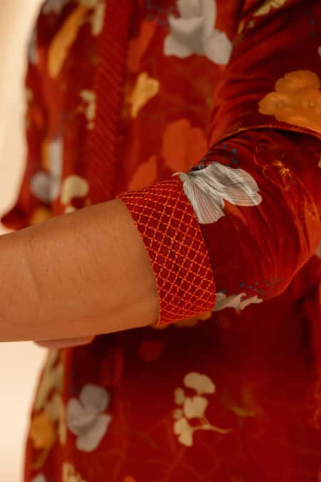 Label Shristi Chetani_Rust Cotton Embroidery Floral Printed Kurta Set_at_Aza_Fashions