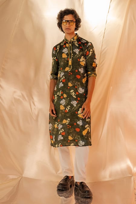 Label Shristi Chetani Green Cotton Floral Print Kurta Set Online at Aza Fashions Label Shristi Chetani_Green Cotton Floral Print Kurta Set_Online_at_Aza_Fashions